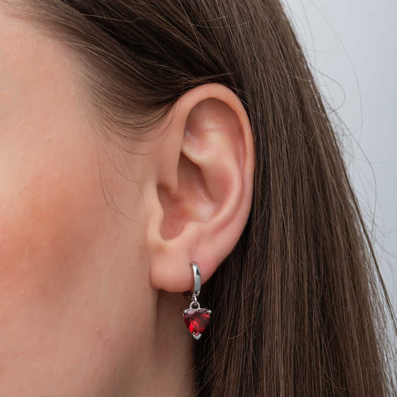 Silver Red Stone Heart Women’s Earrings