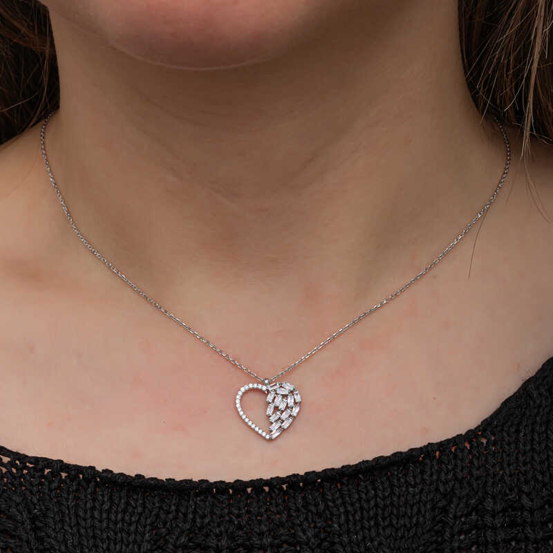 Silver Baguette Stone Heart Women’s Necklace