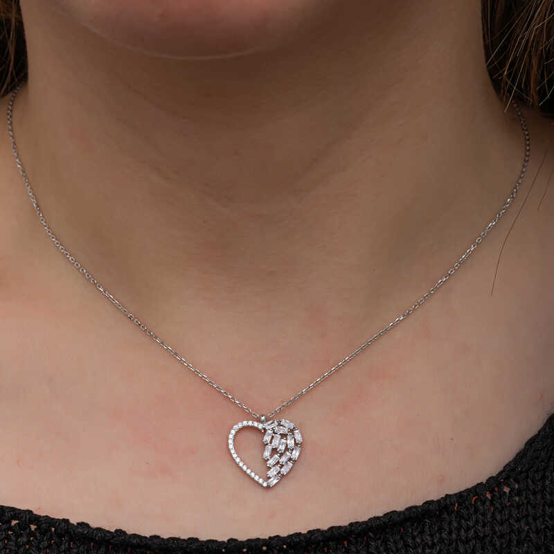 Silver Baguette Stone Heart Women’s Necklace