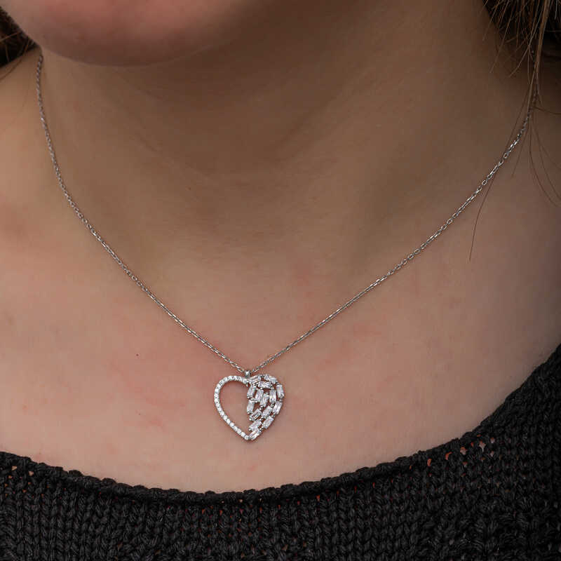 Silver Baguette Stone Heart Women’s Necklace
