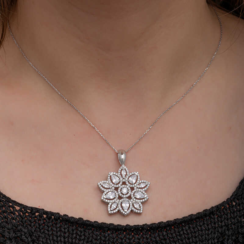 Silver Zircon Stone Flower Women’s Necklace