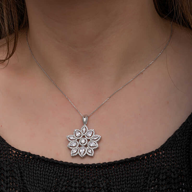 Silver Zircon Stone Flower Women’s Necklace