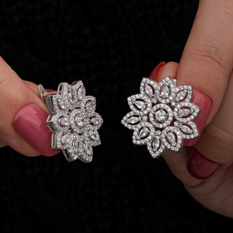 Silver Zircon Stone Flower Women’s Earrings