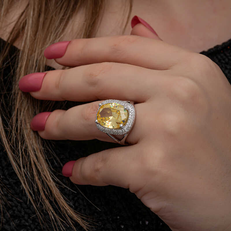 Silver Citrine Stone Square Women’s Ring