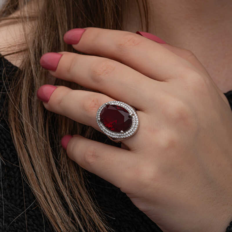 Silver Red Oval Stone Women’s Ring