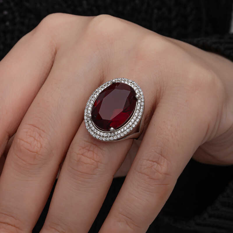 Silver Red Oval Stone Women’s Ring