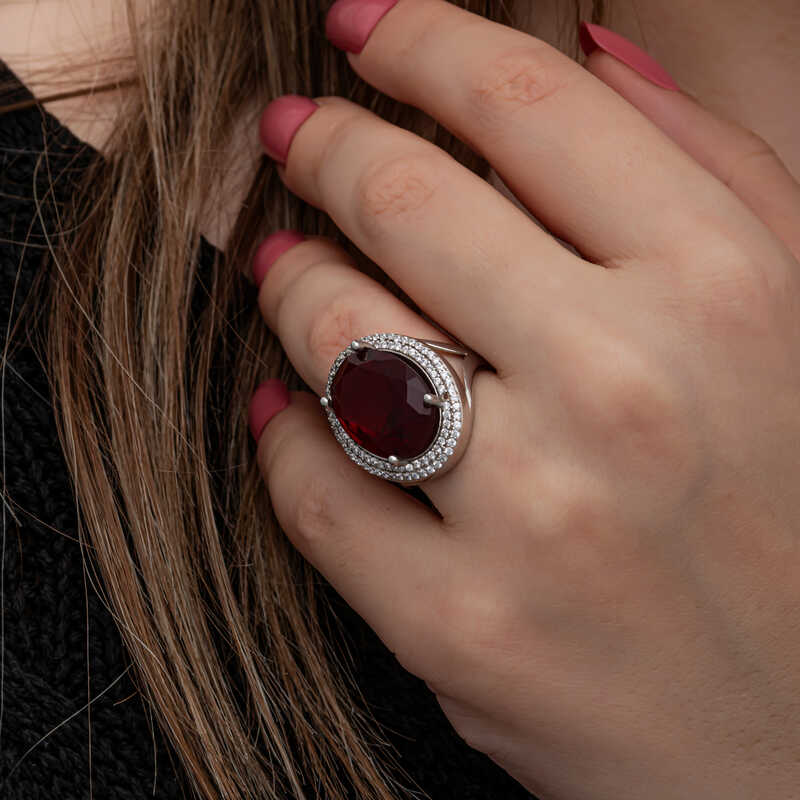 Silver Red Oval Stone Women’s Ring