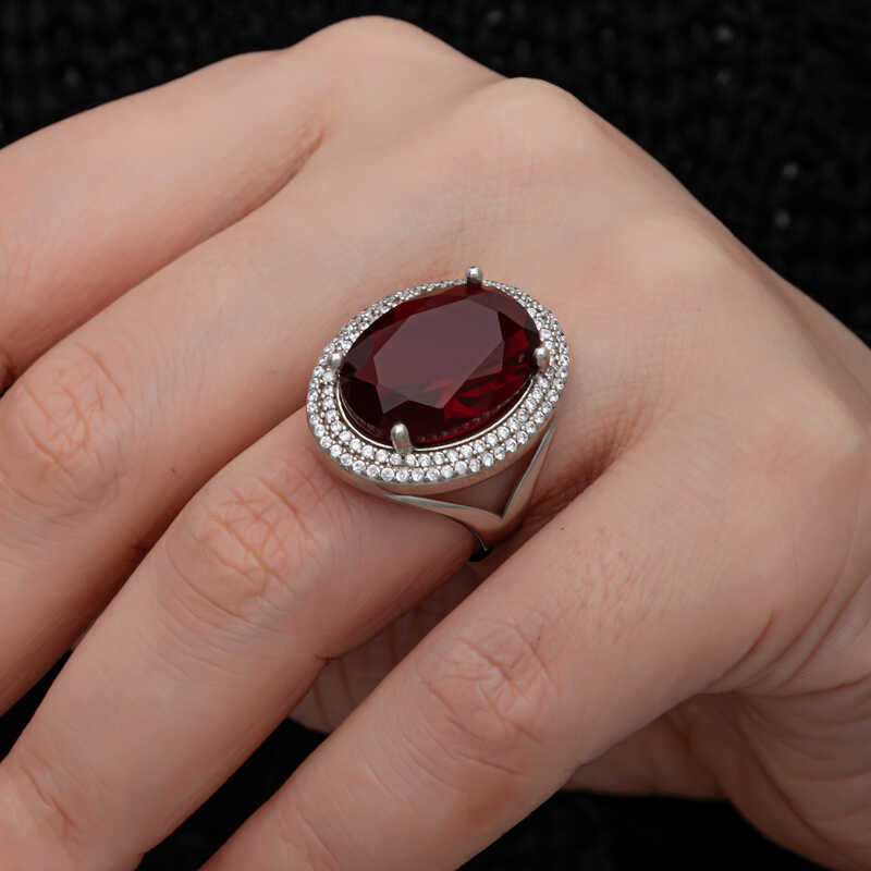 Silver Red Oval Stone Women’s Ring
