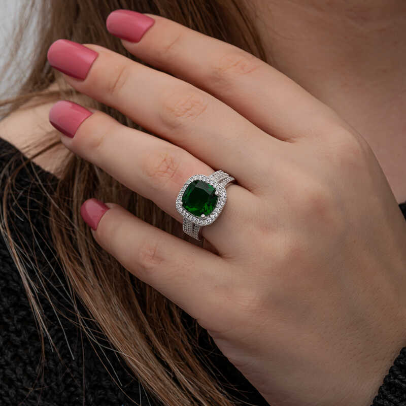 Silver Green Baguette Square Women’s Ring