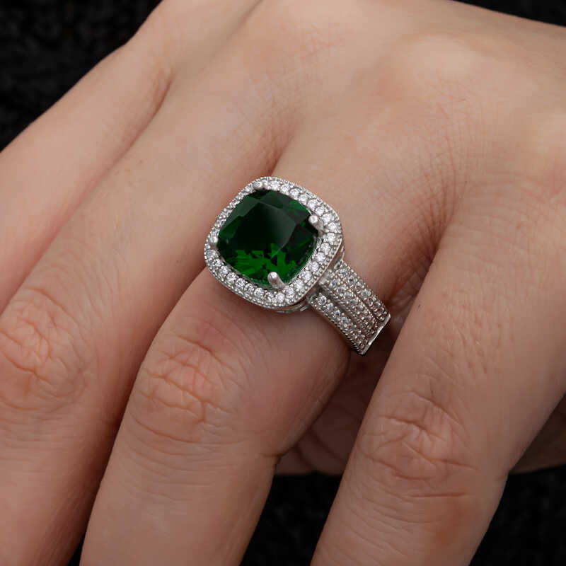 Silver Green Baguette Square Women’s Ring