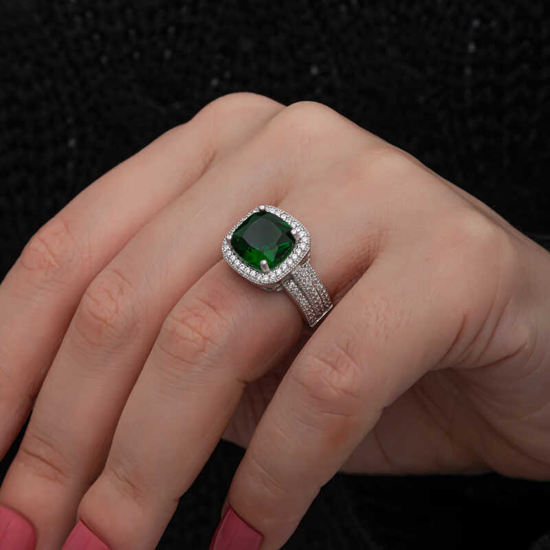 Silver Green Baguette Square Women’s Ring