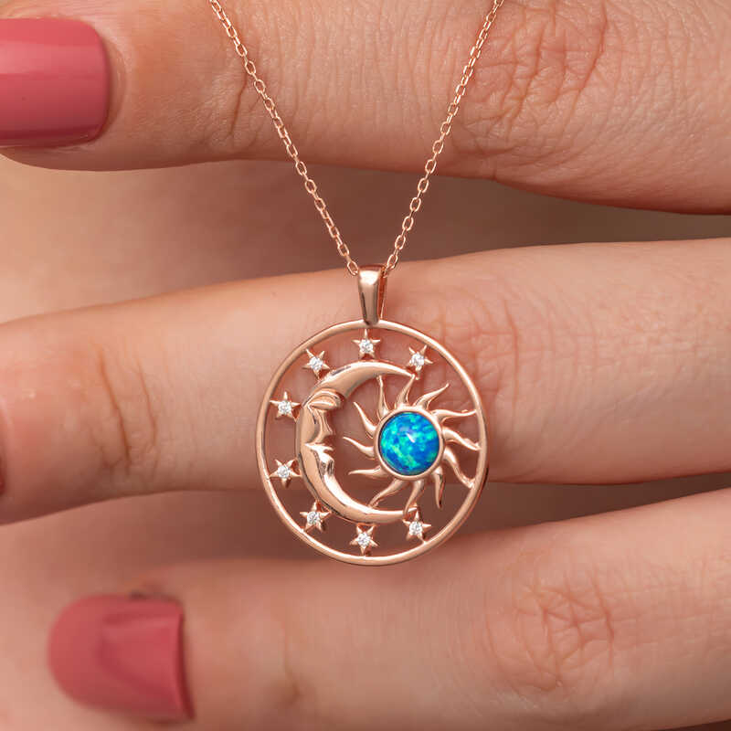 Silver Rose Opal Blue Stone Moon Sun Women’s Necklace