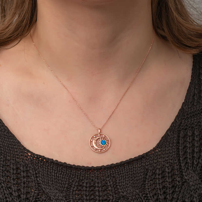 Silver Rose Opal Blue Stone Moon Sun Women’s Necklace