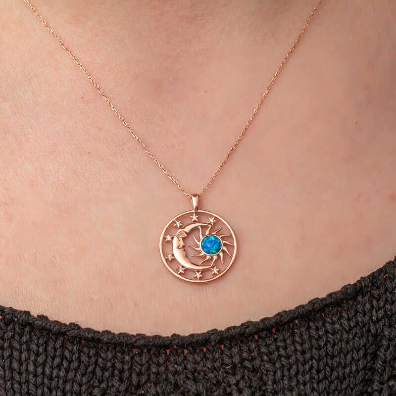 Silver Rose Opal Blue Stone Moon Sun Women’s Necklace