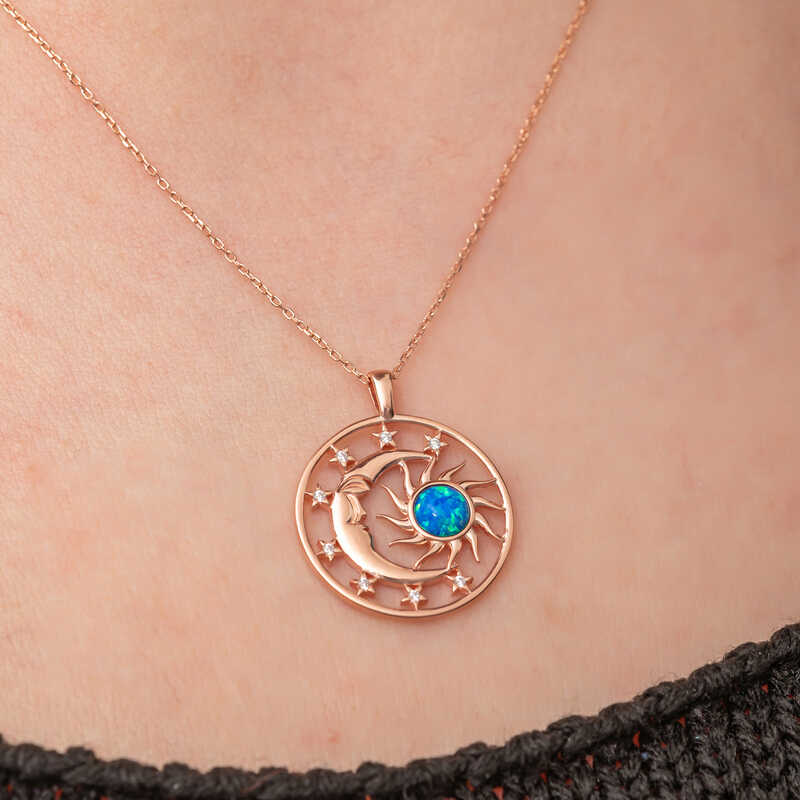 Silver Rose Opal Blue Stone Moon Sun Women’s Necklace
