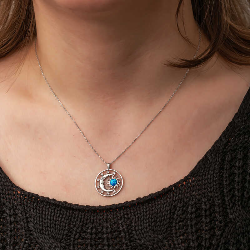 Silver Opal Blue Stone Moon Sun Women’s Necklace
