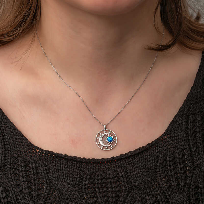 Silver Opal Blue Stone Moon Sun Women’s Necklace