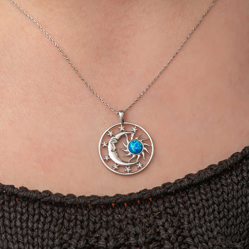 Silver Opal Blue Stone Moon Sun Women’s Necklace