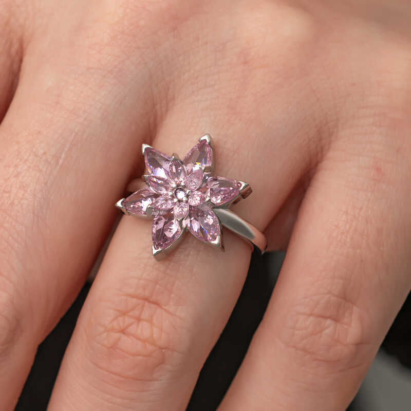 Silver Pink Lotus Flower Women’s Ring