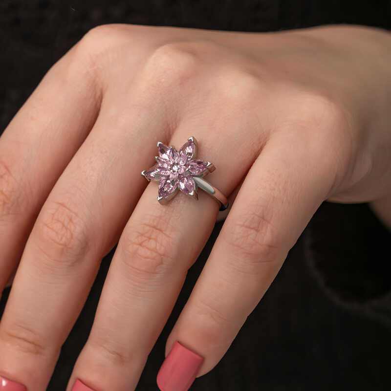 Silver Pink Lotus Flower Women’s Ring