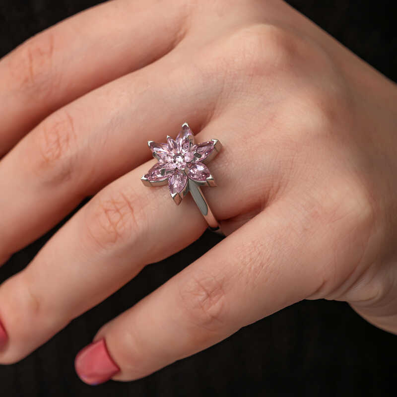 Silver Pink Lotus Flower Women’s Ring