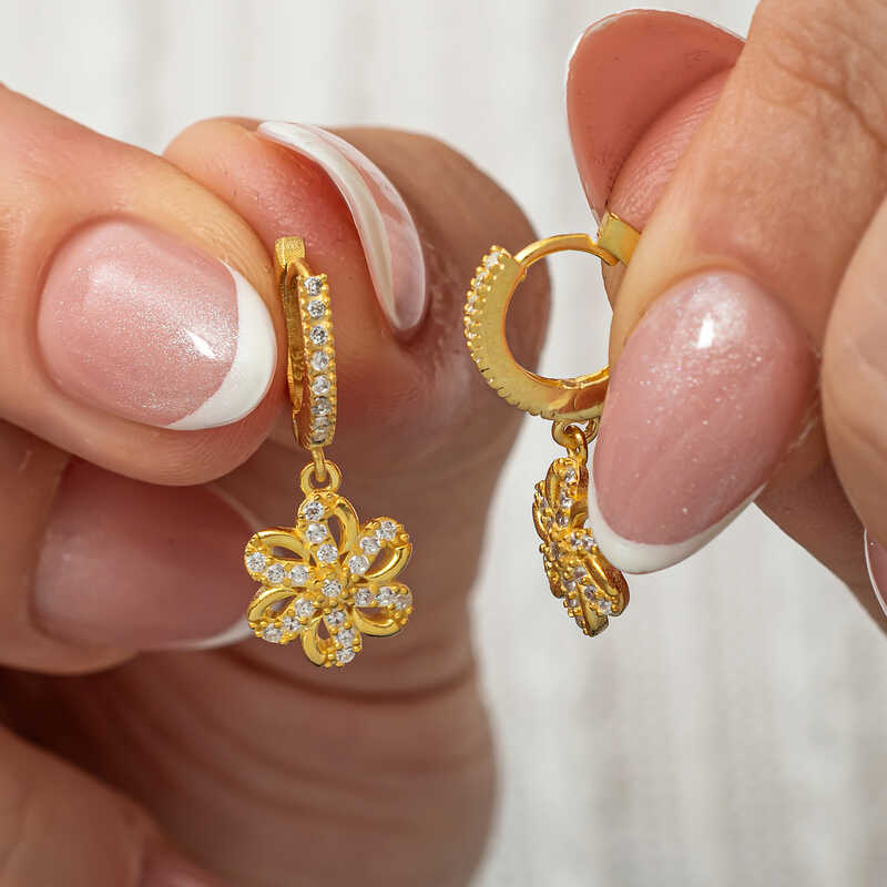 Silver Dangle Gold Flower Women’s Earrings