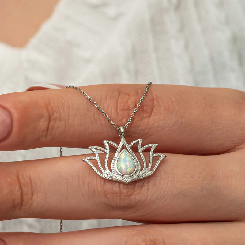 Silver White Opal Stone Lotus Women’s Necklace