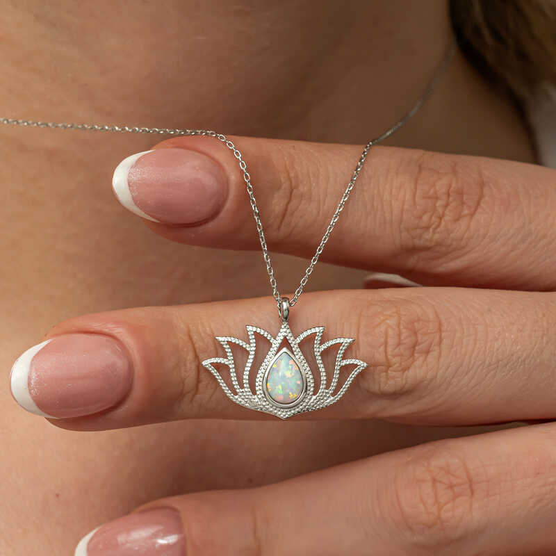 Silver White Opal Stone Lotus Women’s Necklace