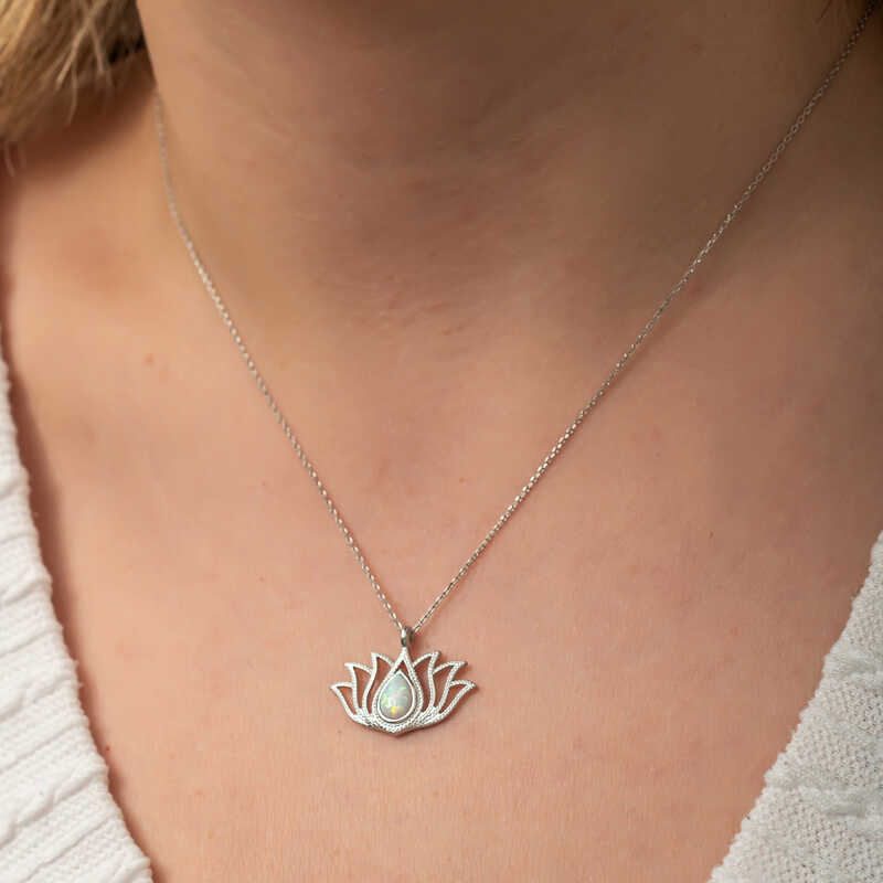 Silver White Opal Stone Lotus Women’s Necklace