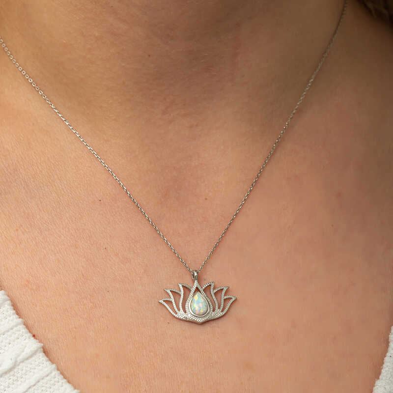 Silver White Opal Stone Lotus Women’s Necklace