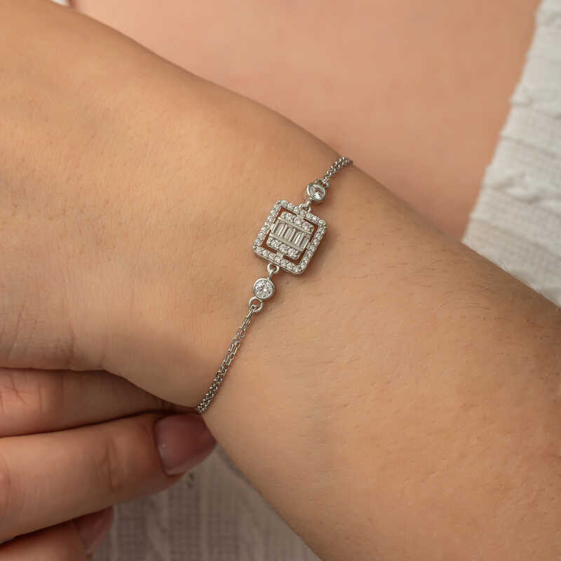 Silver Square Baguette Stone Women’s Bracelet