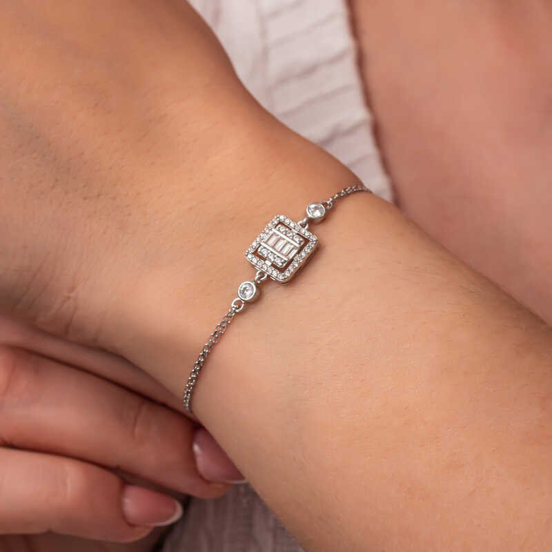 Silver Square Baguette Stone Women’s Bracelet