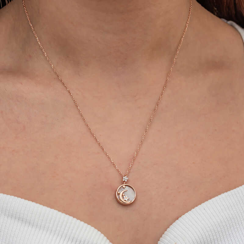 Silver Rose Mother of Pearl Stone Crescent Star Women’s Necklace