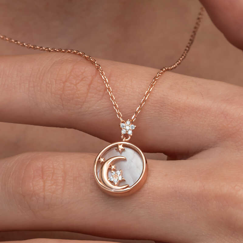Silver Rose Mother of Pearl Stone Crescent Star Women’s Necklace