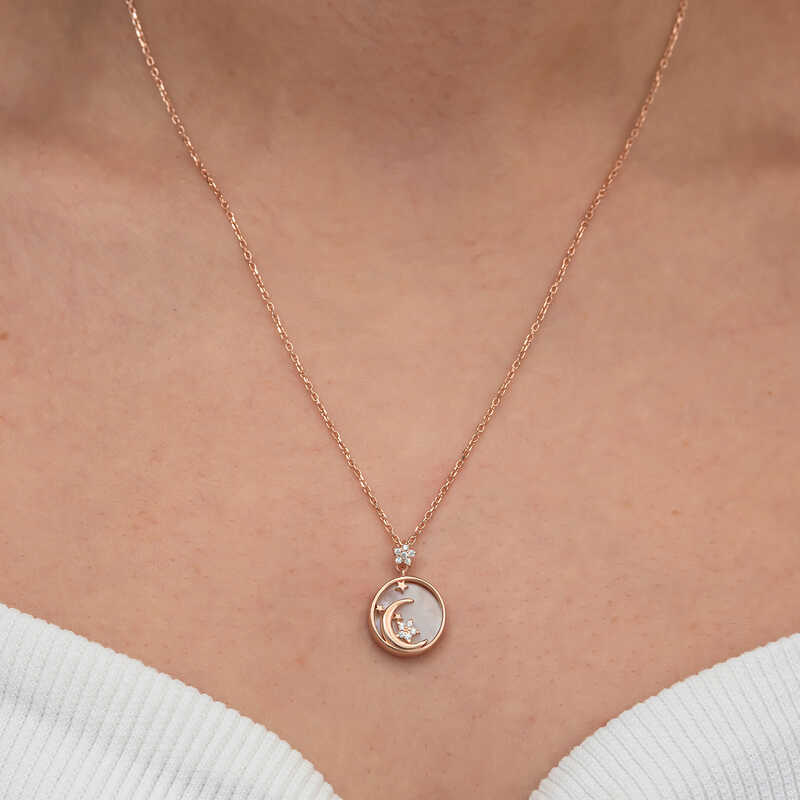 Silver Rose Mother of Pearl Stone Crescent Star Women’s Necklace