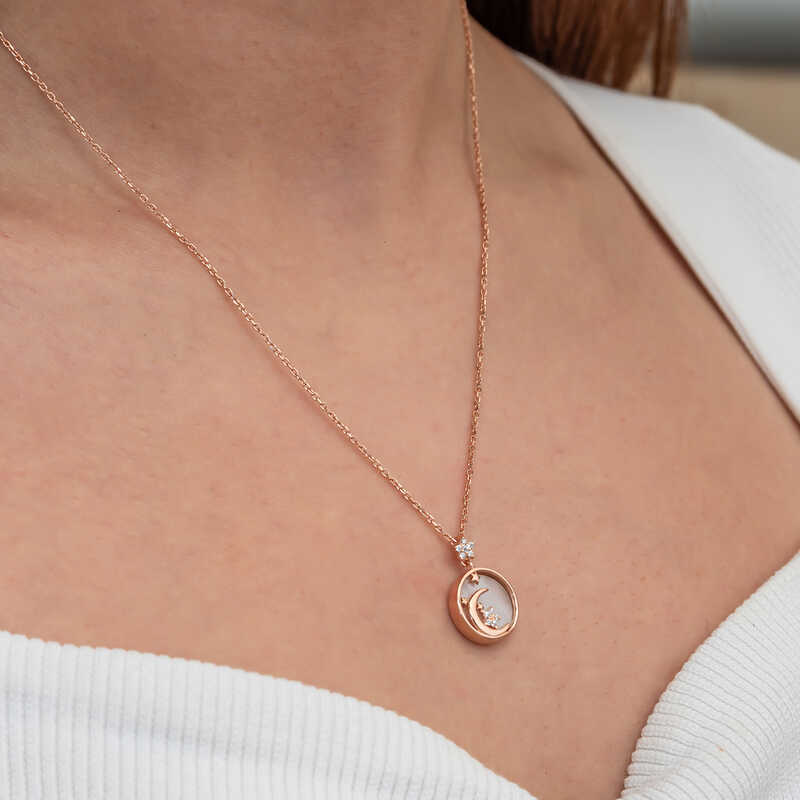Silver Rose Mother of Pearl Stone Crescent Star Women’s Necklace