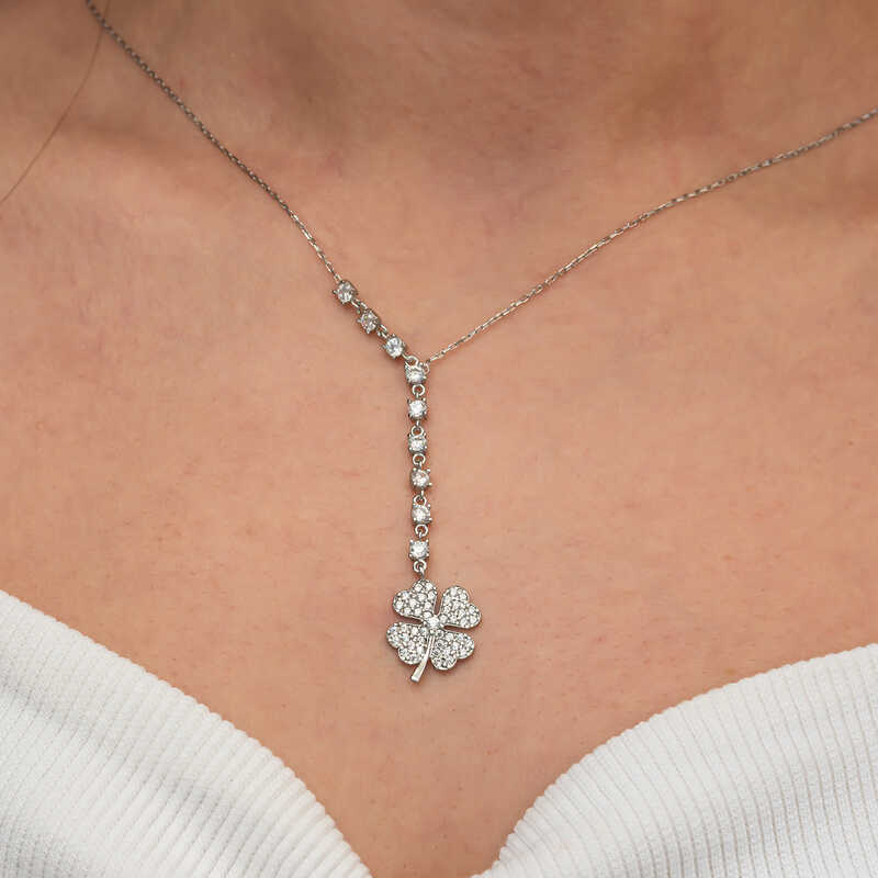 Silver Row Zircon Stone Clover Women’s Necklace