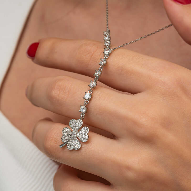 Silver Row Zircon Stone Clover Women’s Necklace
