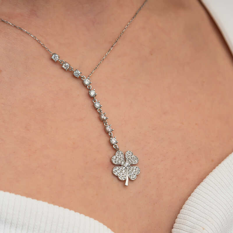 Silver Row Zircon Stone Clover Women’s Necklace