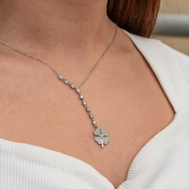 Silver Row Zircon Stone Clover Women’s Necklace