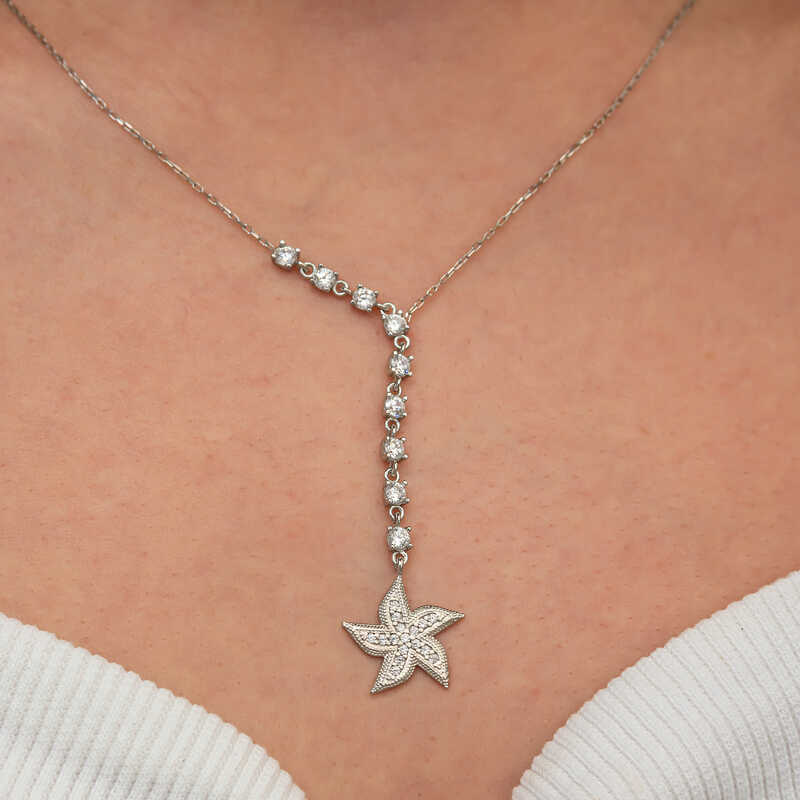 Silver Row Zircon Stone Starfish Women’s Necklace