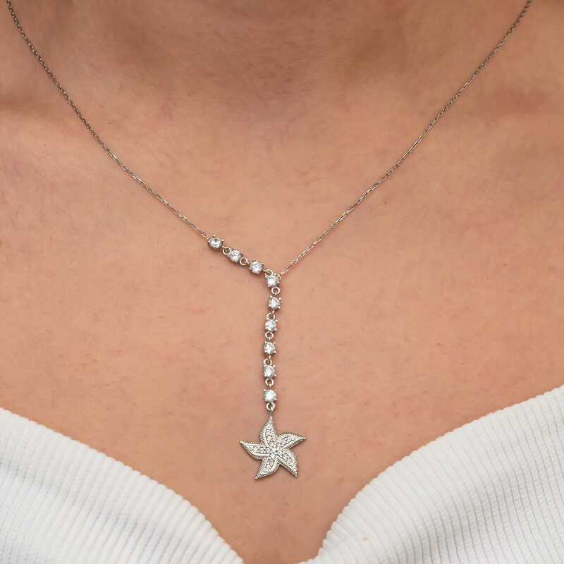 Silver Row Zircon Stone Starfish Women’s Necklace