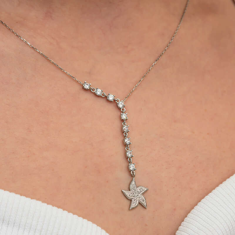 Silver Row Zircon Stone Starfish Women’s Necklace