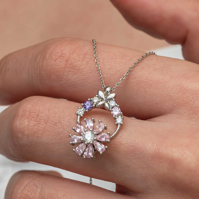 Silver Pink Spinning Flower Women’s Necklace
