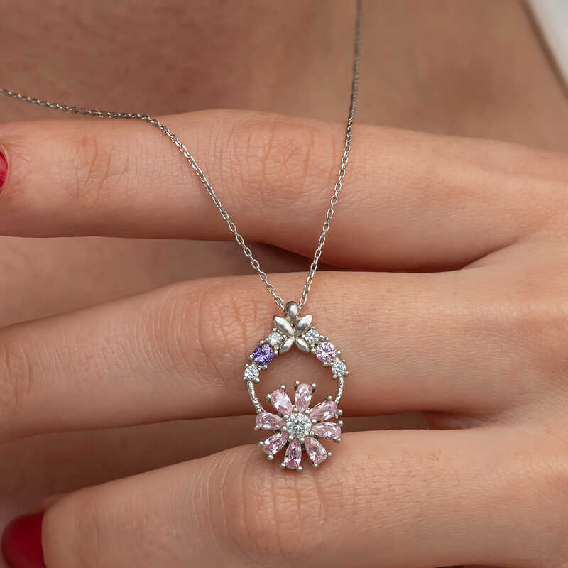 Silver Pink Spinning Flower Women’s Necklace
