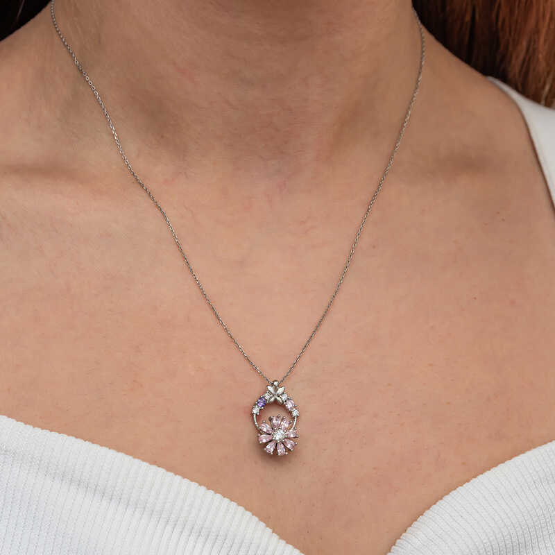 Silver Pink Spinning Flower Women’s Necklace