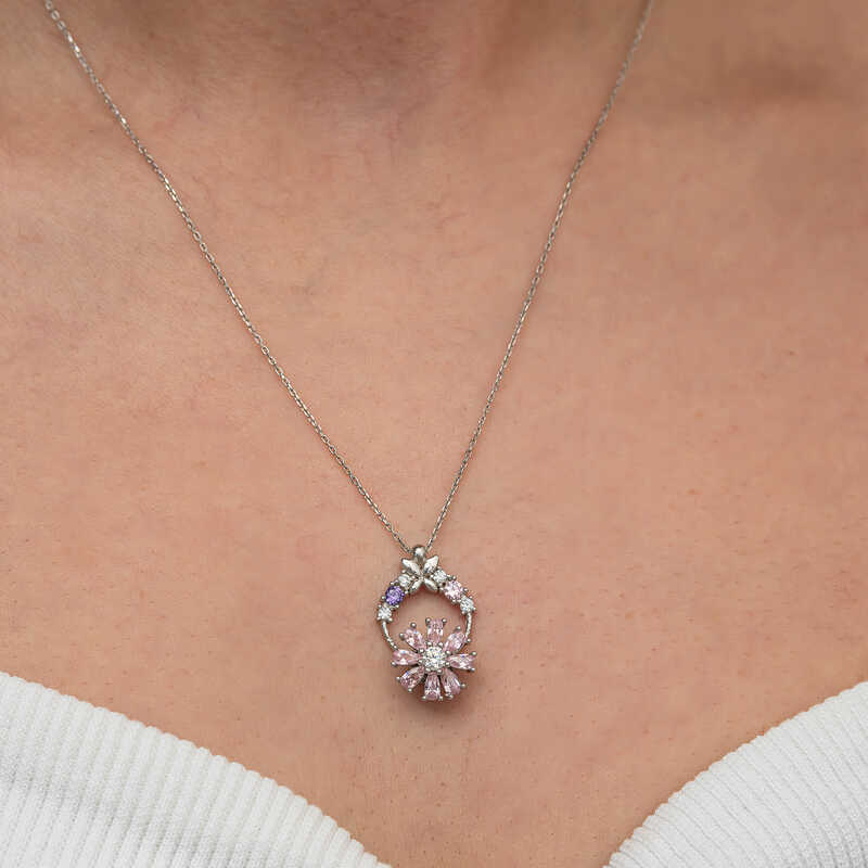 Silver Pink Spinning Flower Women’s Necklace