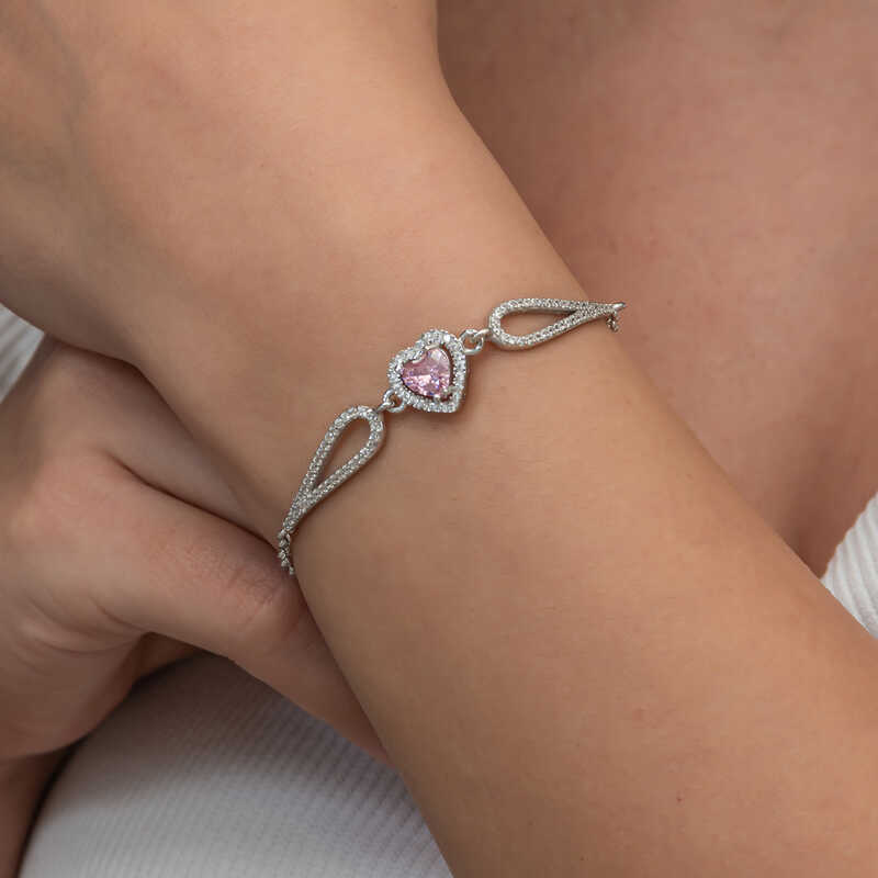 Silver Pink Zircon Stone Heart Bracelet