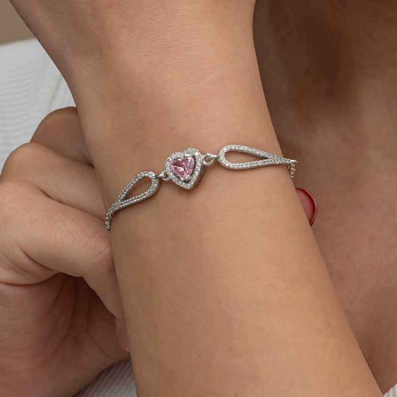 Silver Pink Zircon Stone Heart Bracelet