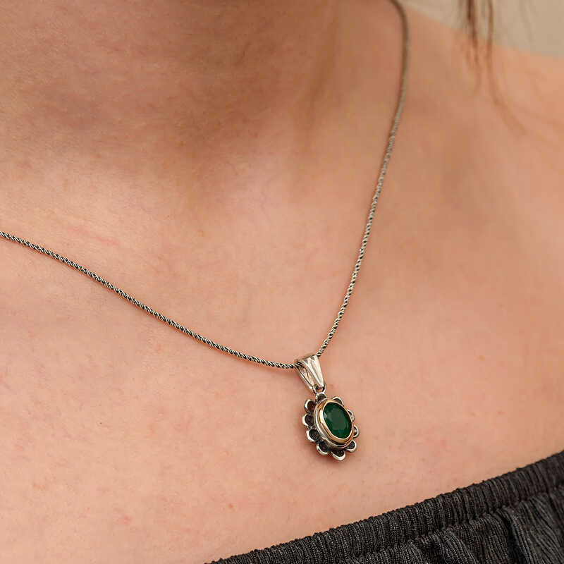 Silver Green Flower Patterned Authentic Women’s Necklace
